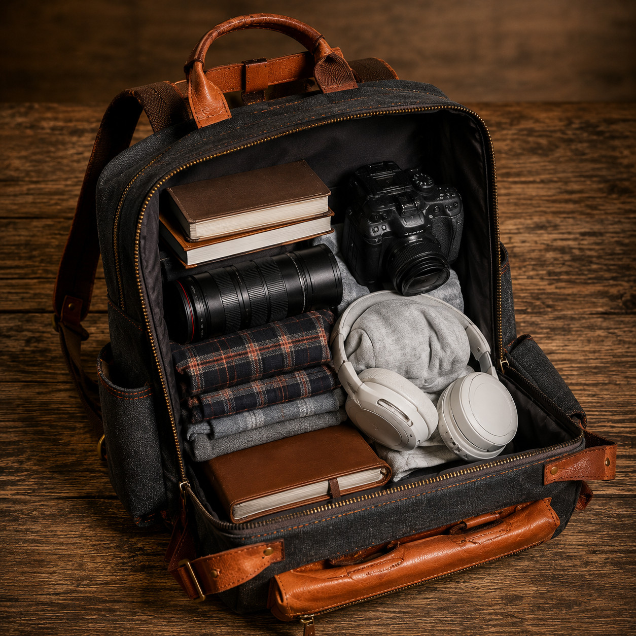 Durable Canvas & Leather Rucksack 18″ Multi-Pocket Travel Shoulder Backpack