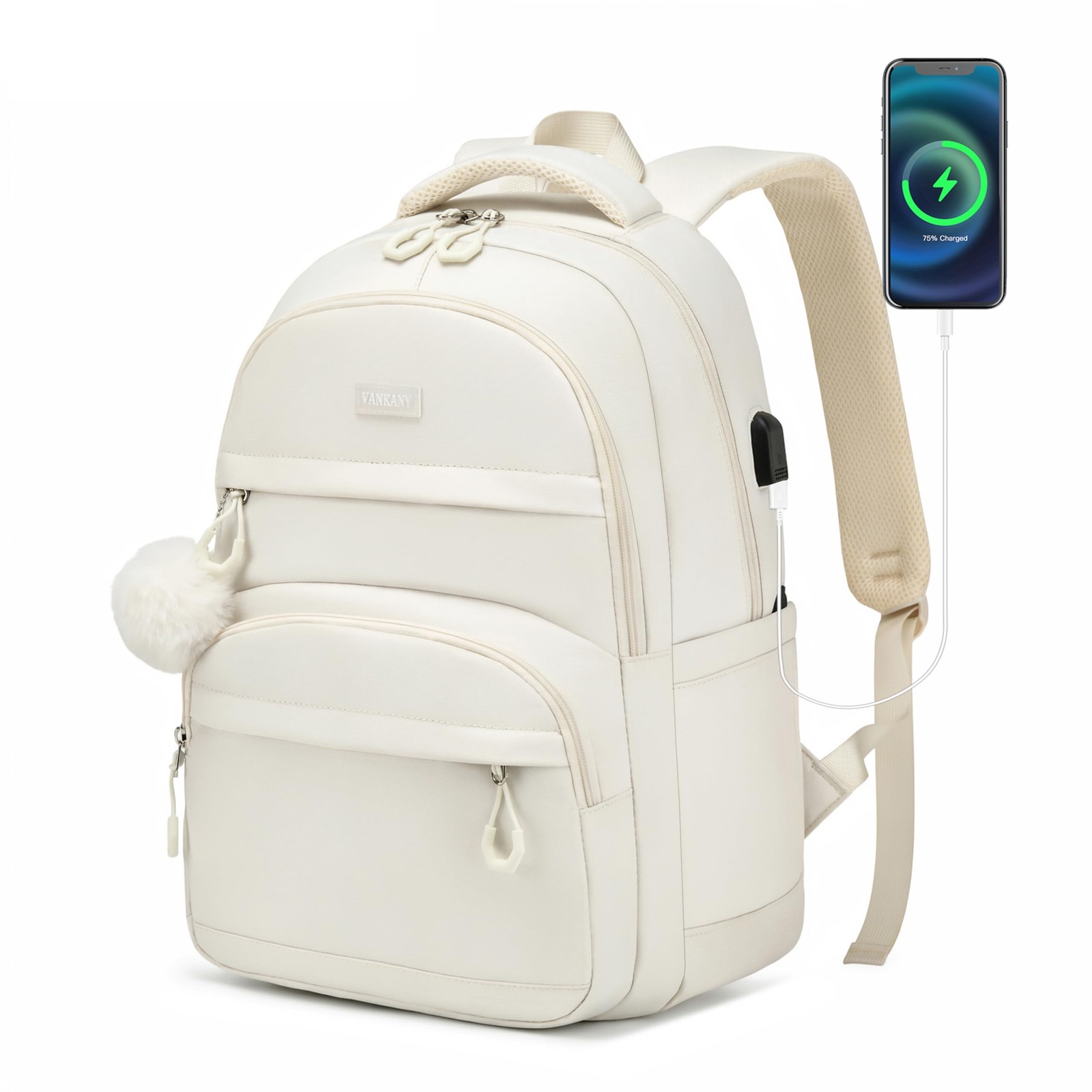Girl Backpack School Solid Bag Middle High 15.6 In Laptop USB Charging Beige