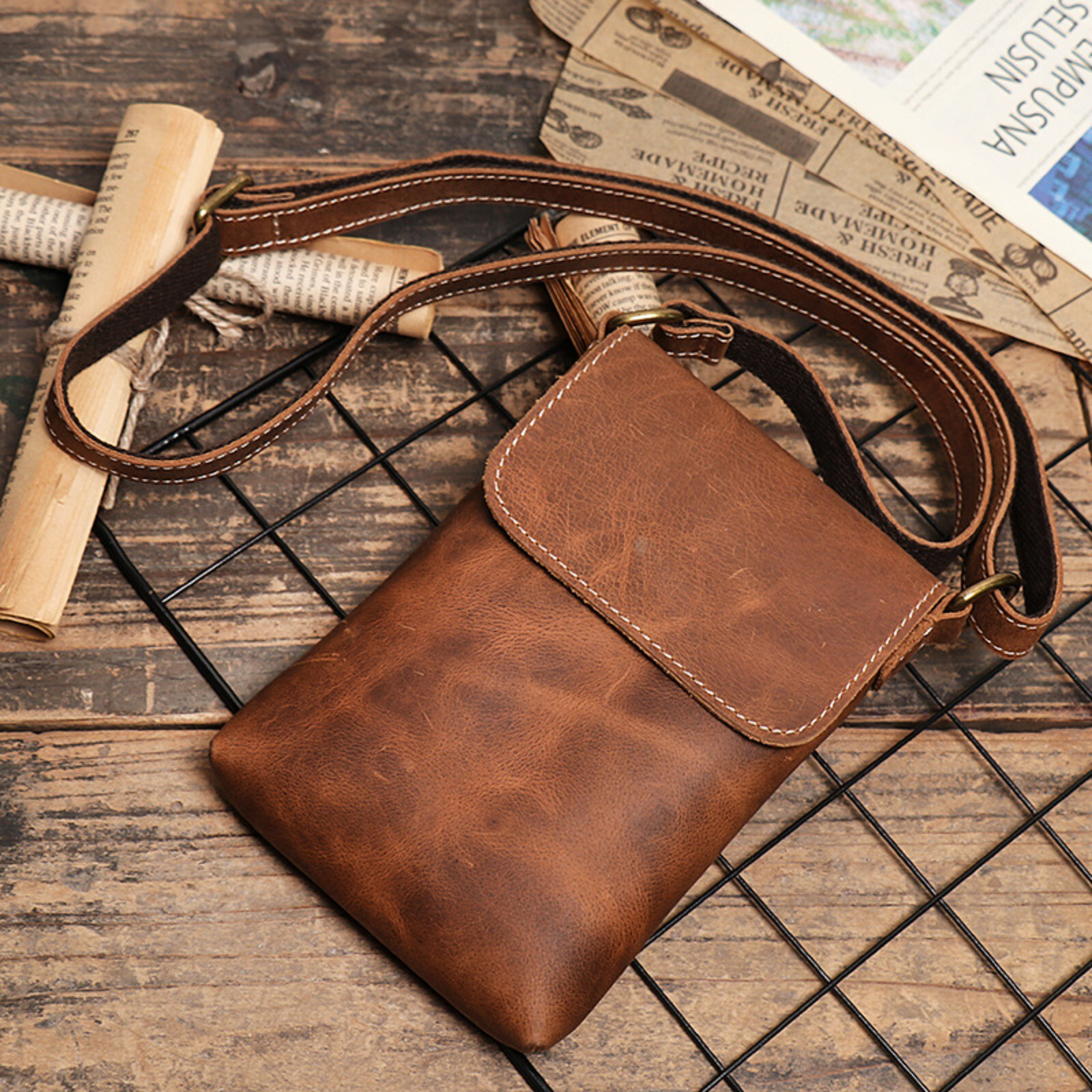 Mens Leather Shoulder Bag Small Crossbody Pouch Vintage Phone Wallet Carrier