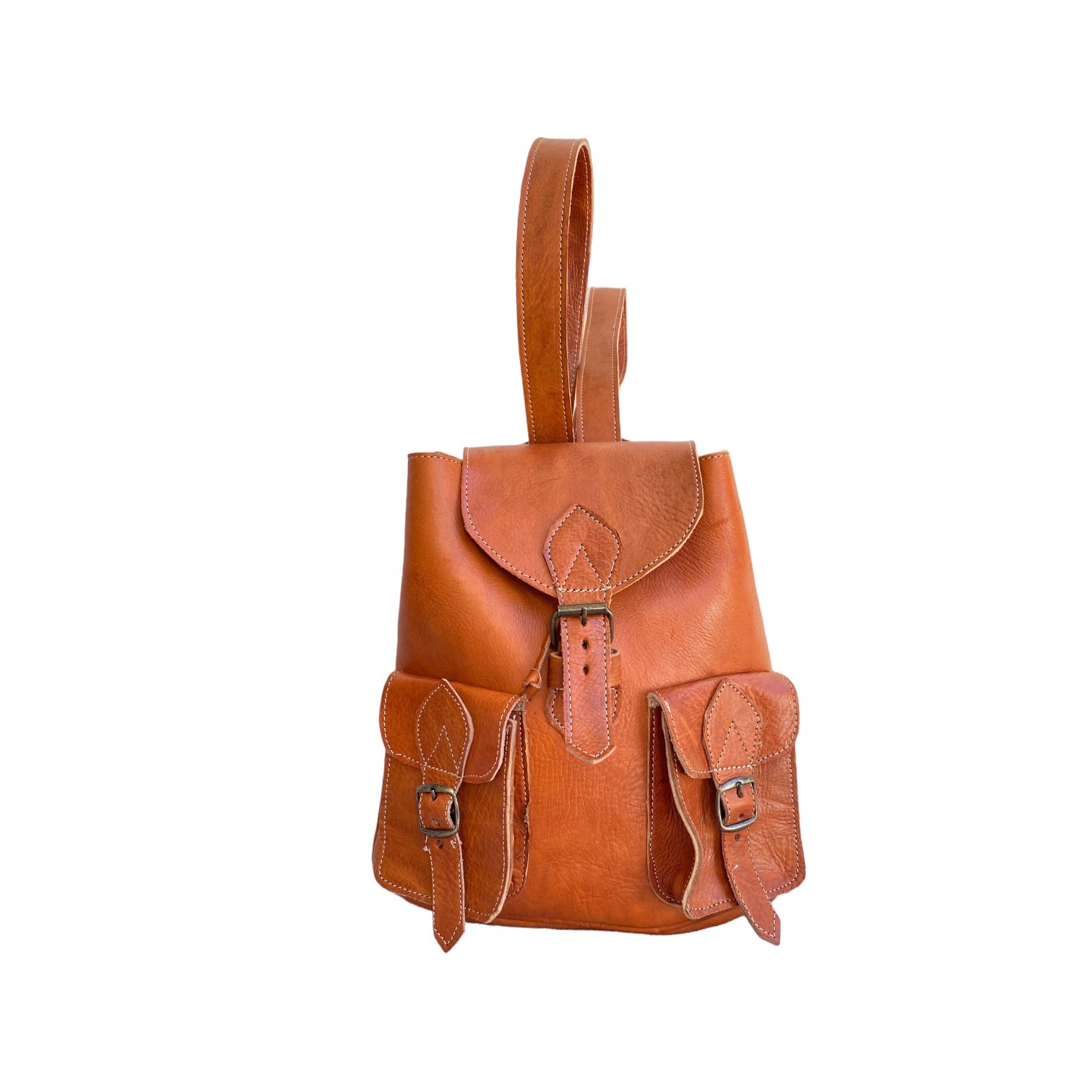 Cognac Leather Backpack Handmade Morocco 3 Pockets Belt Buckle Zip Bag