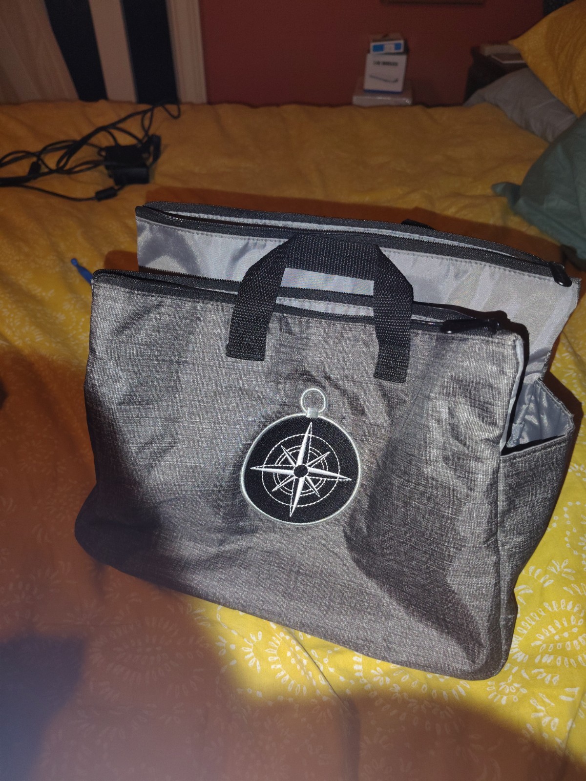 Gray Zip Briefcase/Document Case w/ Double Handles, Inner Pockets, Compass Patch