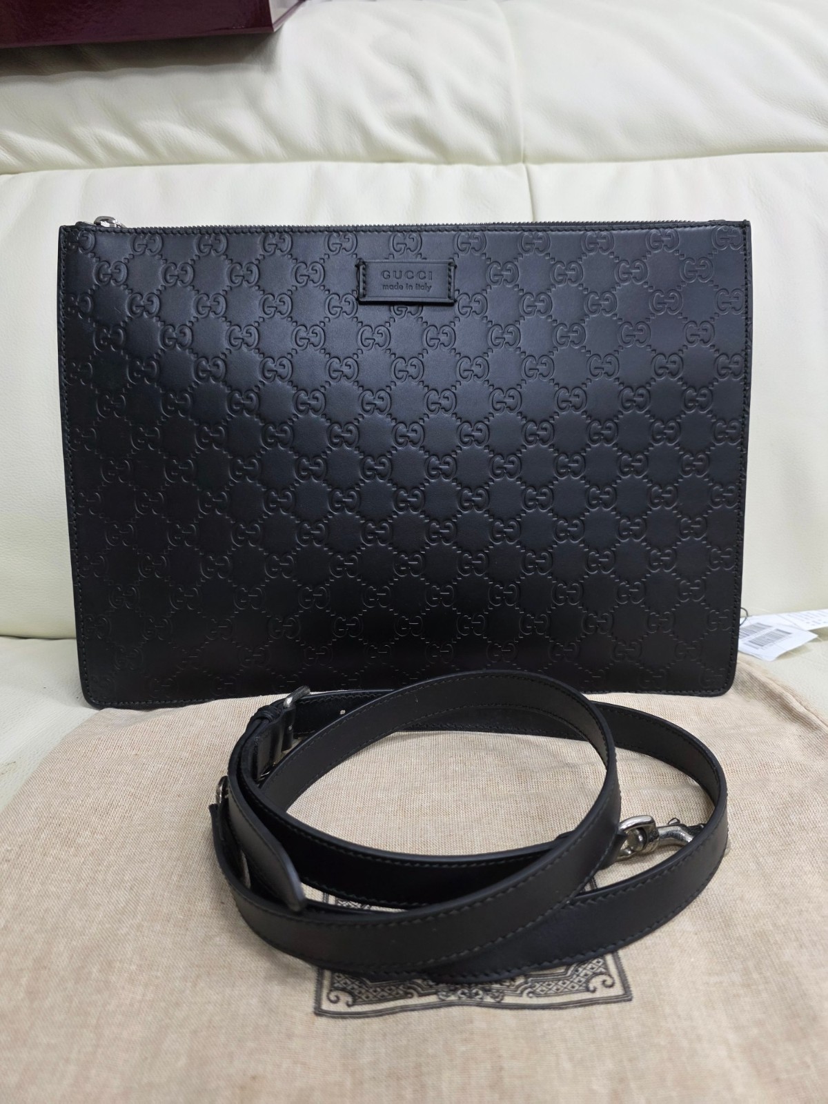 Gucci GG Embossed Leather Clutch Bag Black w/ Strap Large 35cm