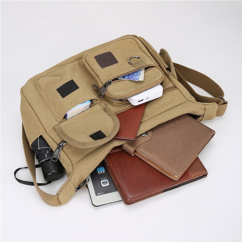 Mens Canvas Crossbody Messenger Bag Multi-Pocket Casual Shoulder Bag Work Travel