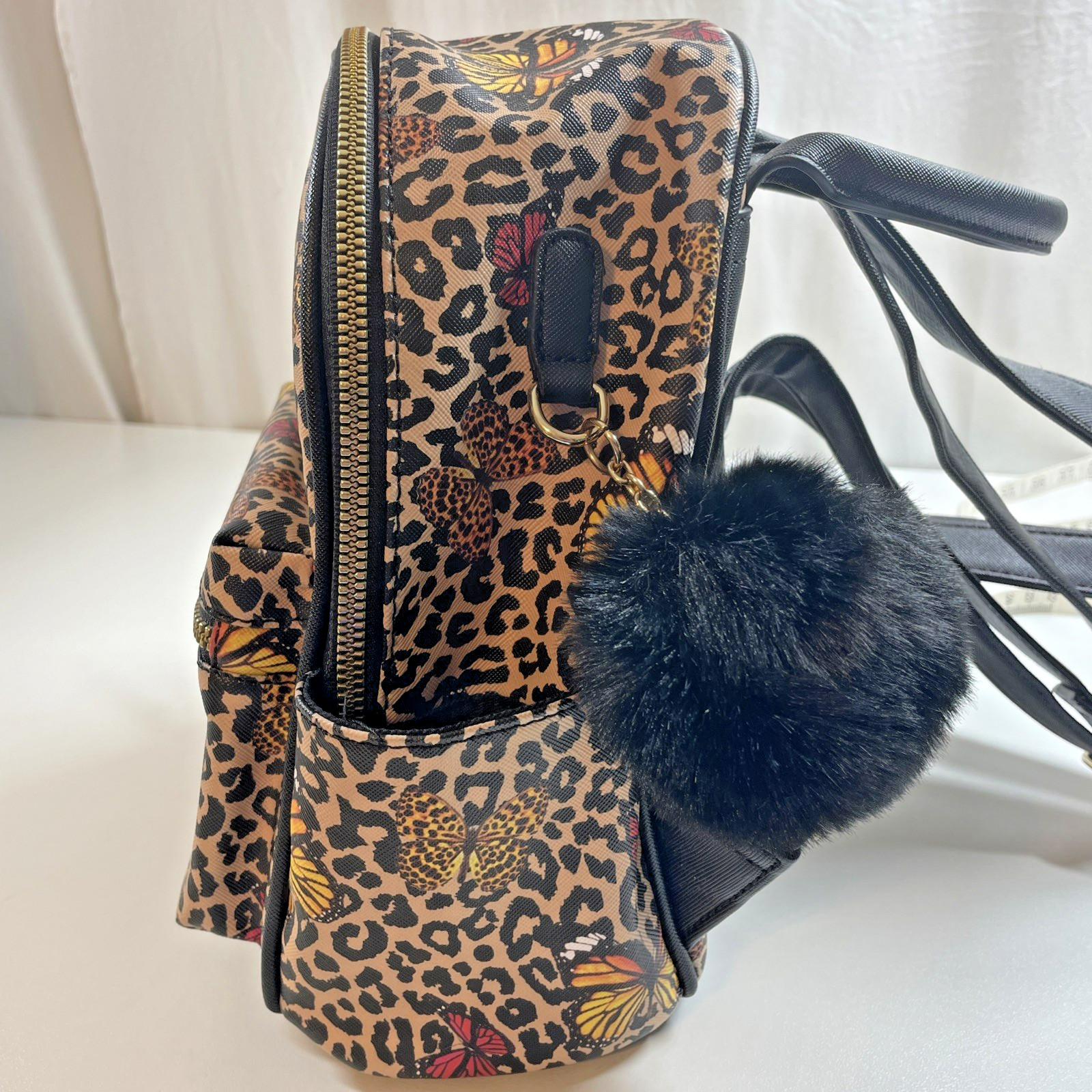 Like Dreams Backpack Purse Leopard Cheetah Butterfly Print Furry Black Bag Charm