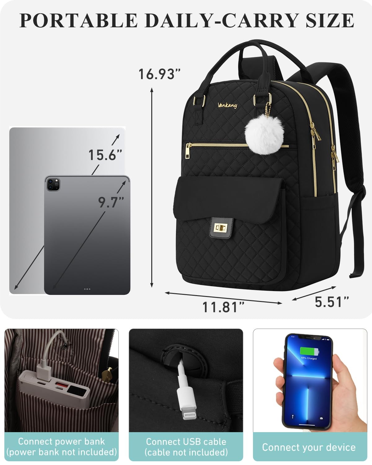 School Backpack Teen Girl High College Bookbag Cute Laptop Travel Work Black