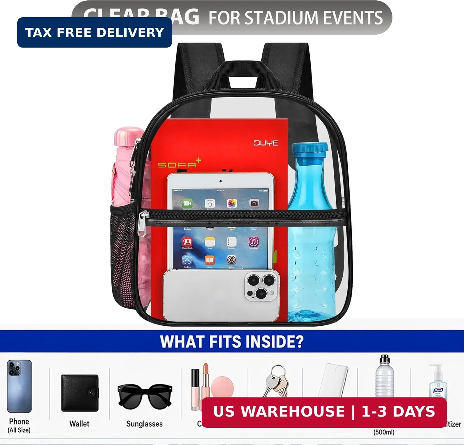 Oraben Clear Backpack Stadium Approved, Clear Bag 12 x 6 x 11 in, Small Transpar