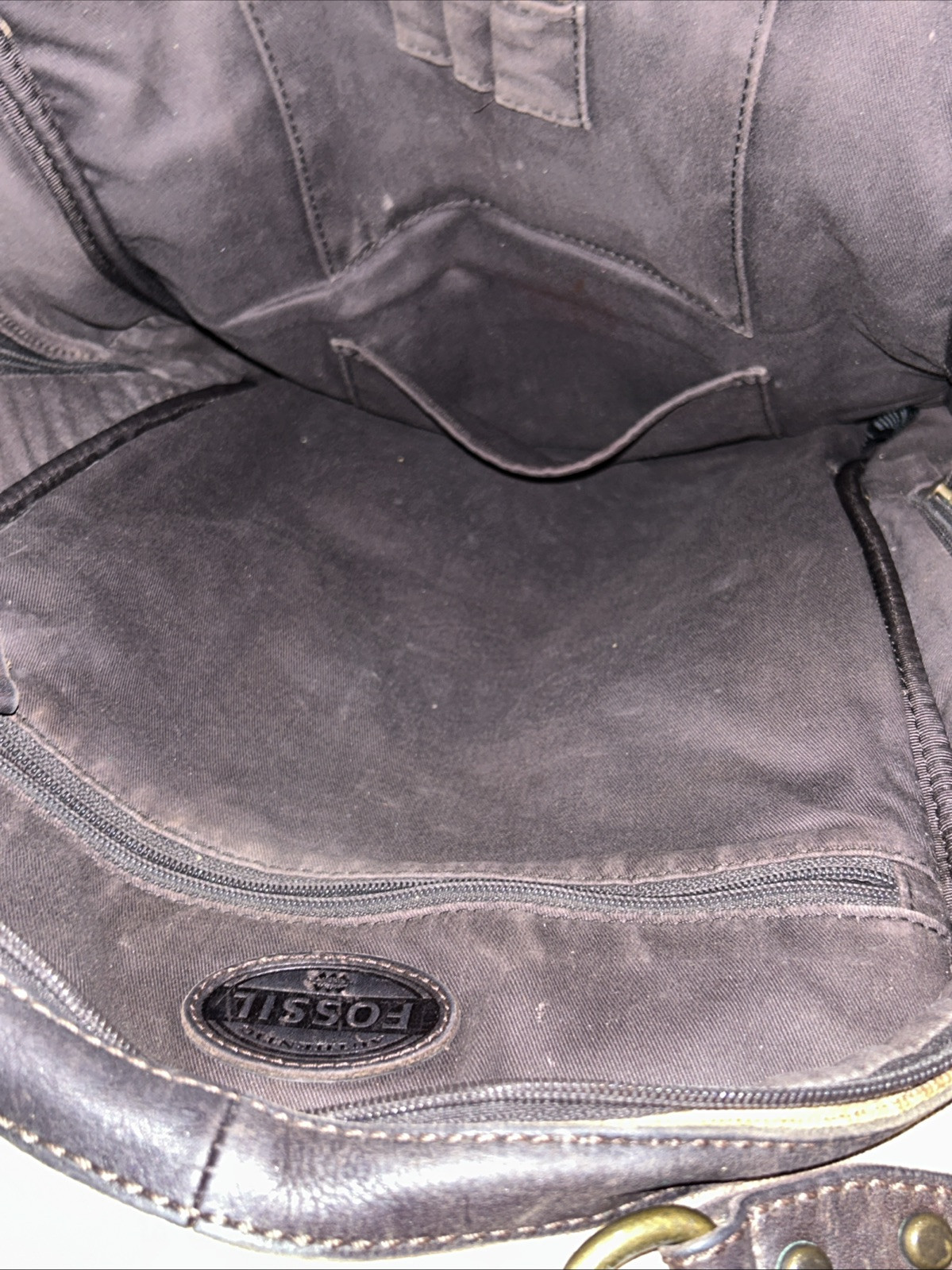 FOSSIL Estate Backpack Rugged Olive Canvas Brown Faux? Leather Trim Padded Zip