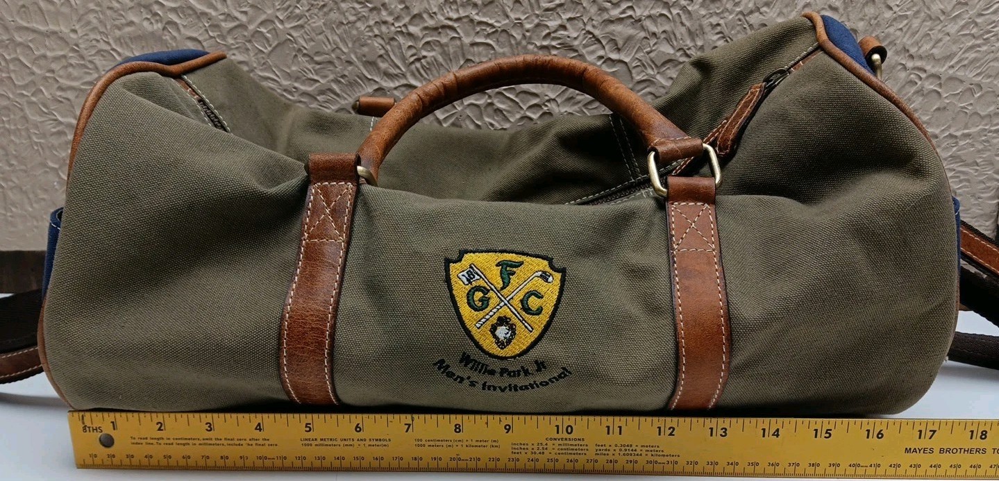 FH Wadsworth Canvas Leather Trim Weekender Duffel Bag Moss/Navy Embroidered
