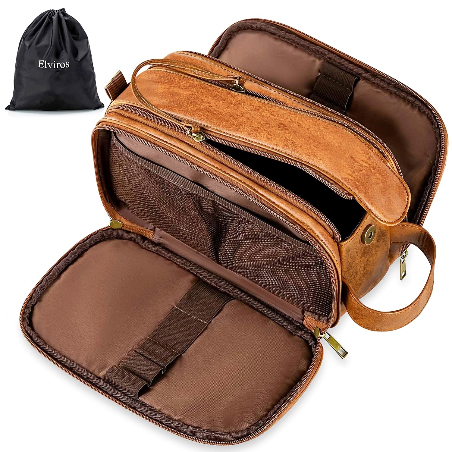 Elviros Toiletry Bag for Men, Large Travel Shaving (Pack of 1), Brown