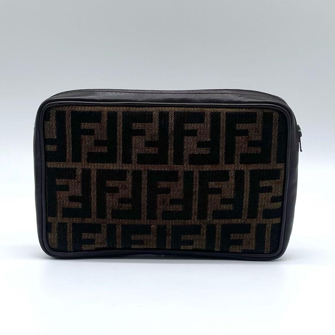 FENDI Zucca Print Logo All-over Monogram Pouch Purse Canvas Leather Dark Brown