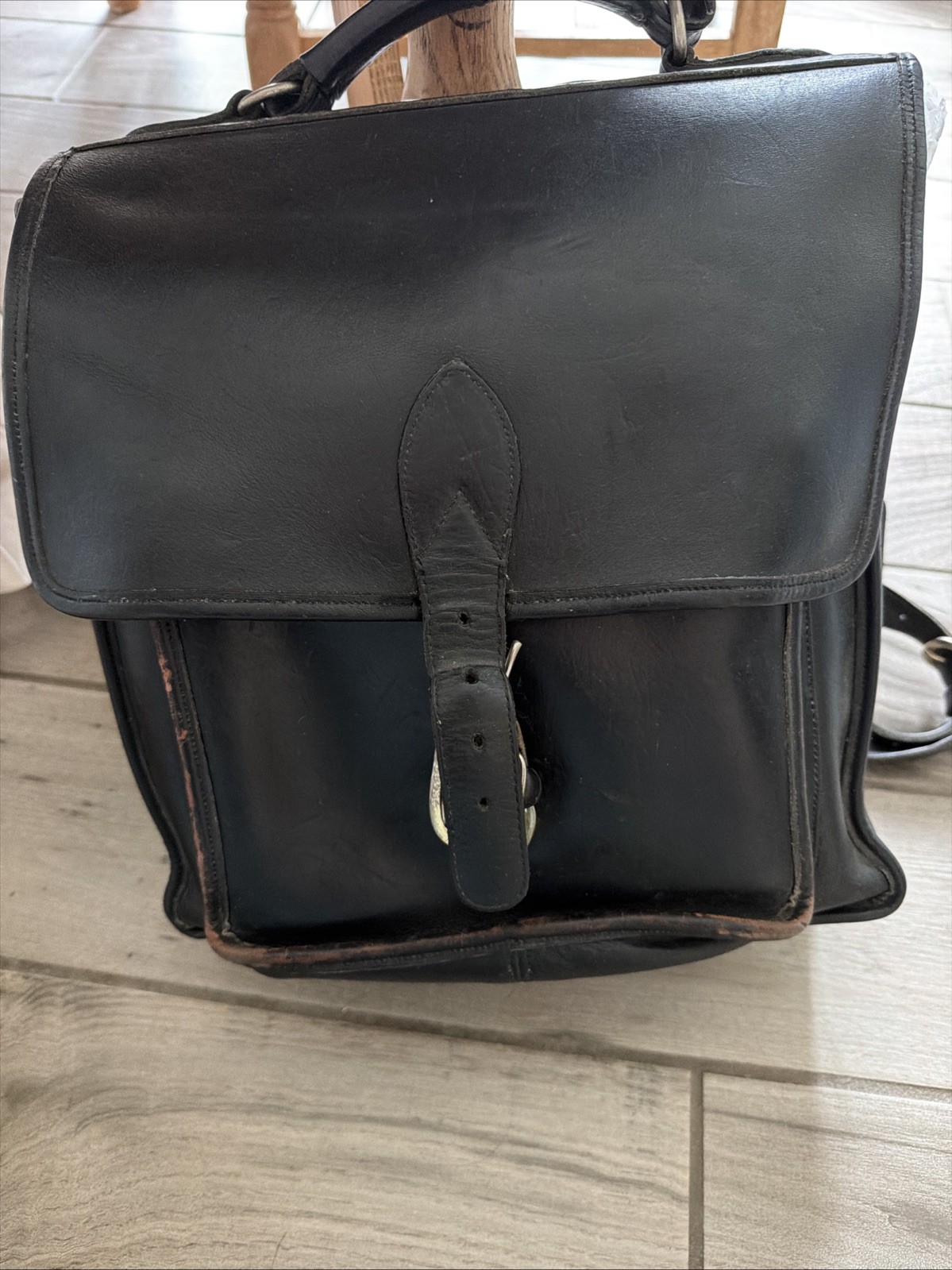Vintage Black Thick Leather Backpack Briefcase Shoulder Bag Adjustable