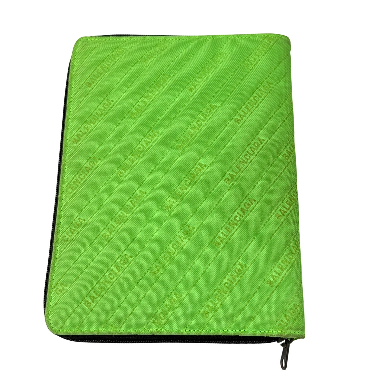 Balenciaga Neon Green Nylon Logo Embroidered Zip Pouch Document Holder Bag