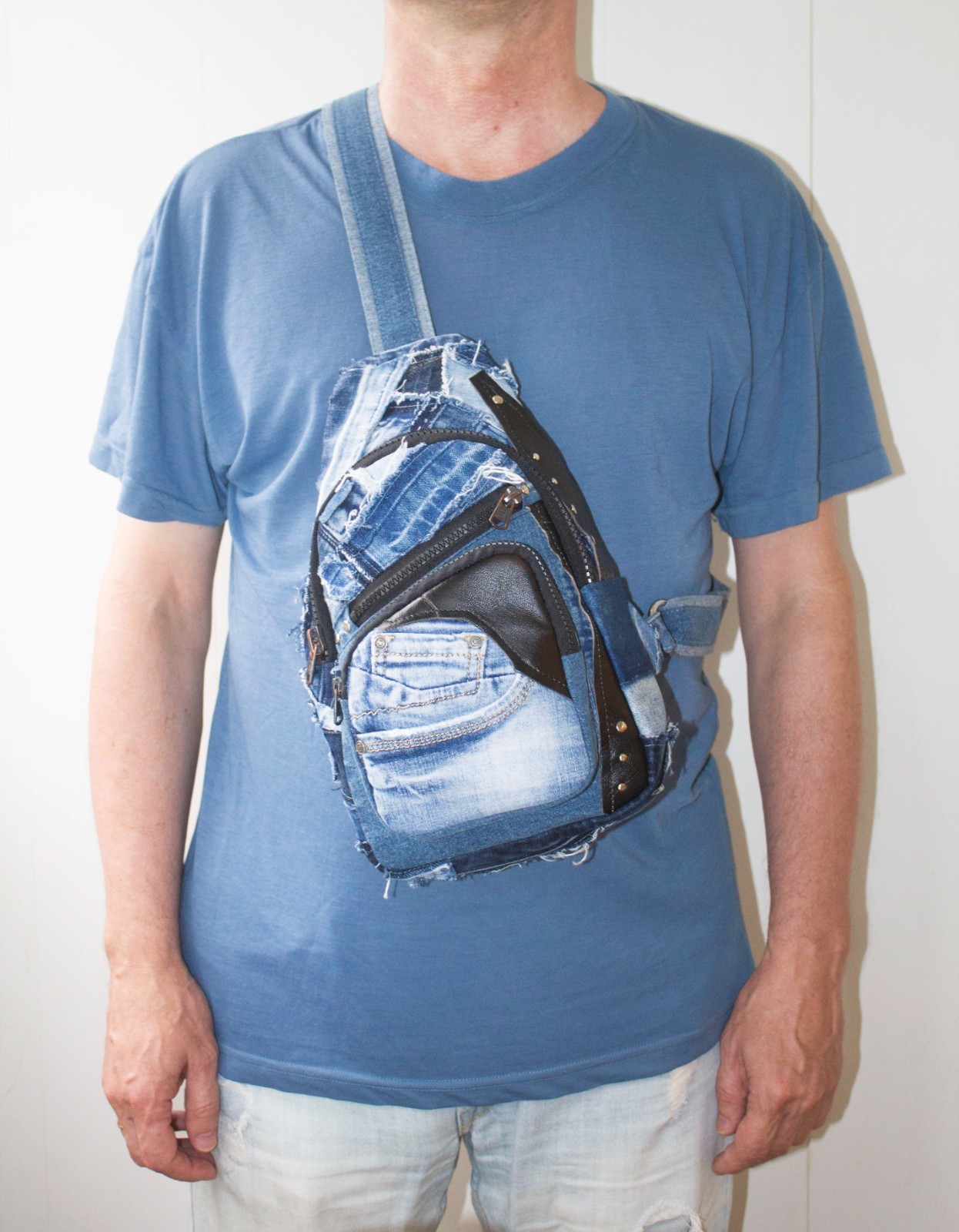 Denim single-strap chest backpack Upcycling Unisex sling bag