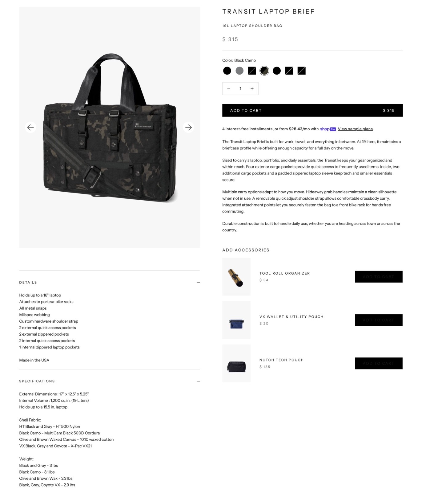 Mission Workshop Transit Laptop Brief 19L — Laptop Bag with Accessories