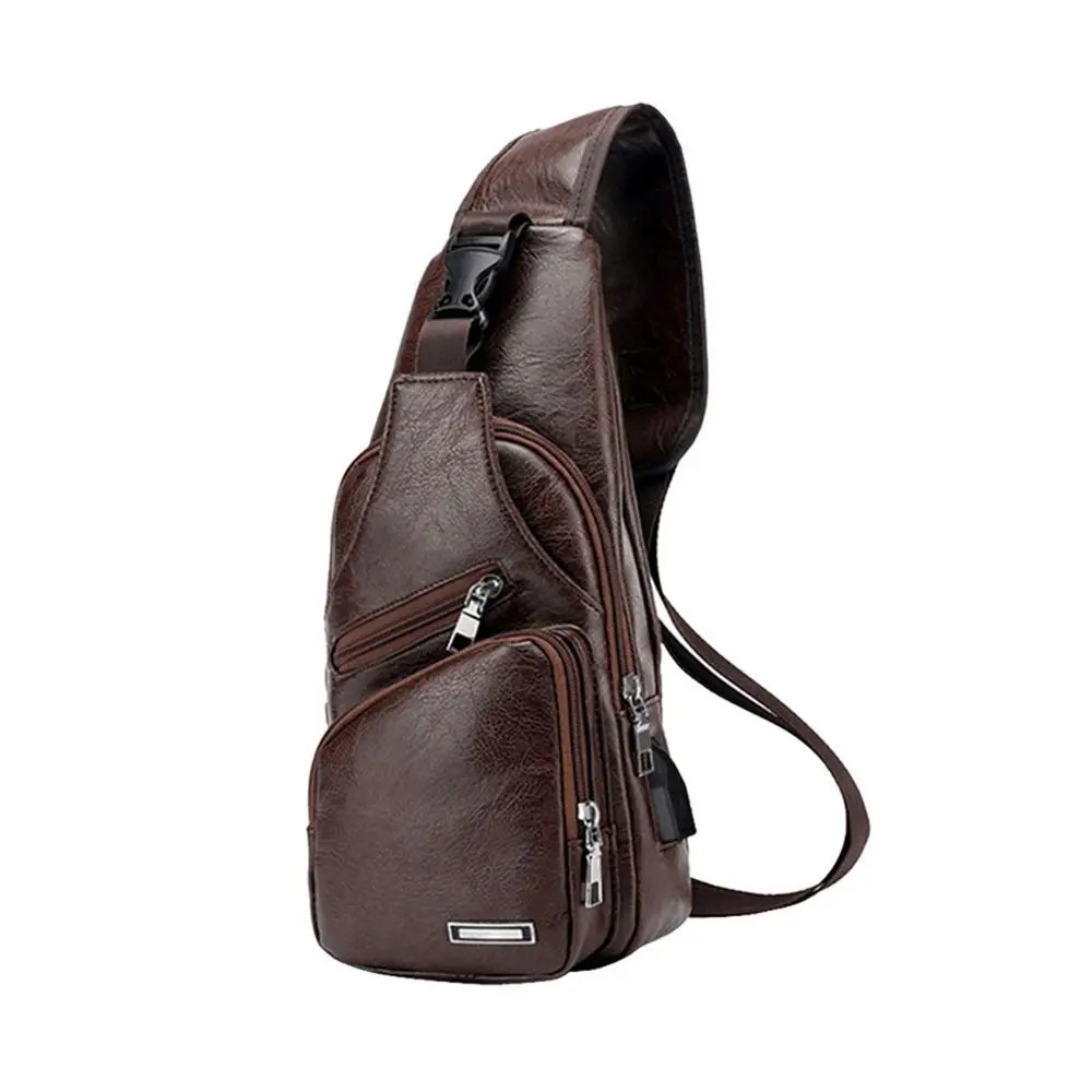 USB data cable charging chest bag casual fashion shoulder bag PU outdoor sports