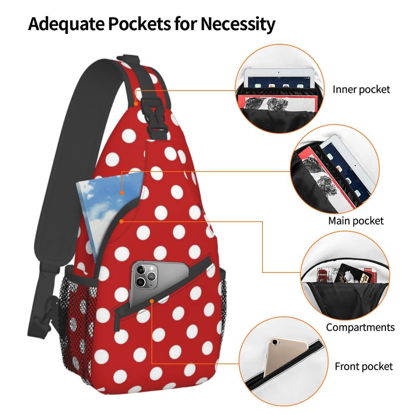 Cute Red White Polka Dot Sling Backpack Travel Hiking Crossbody Shoulder Bag