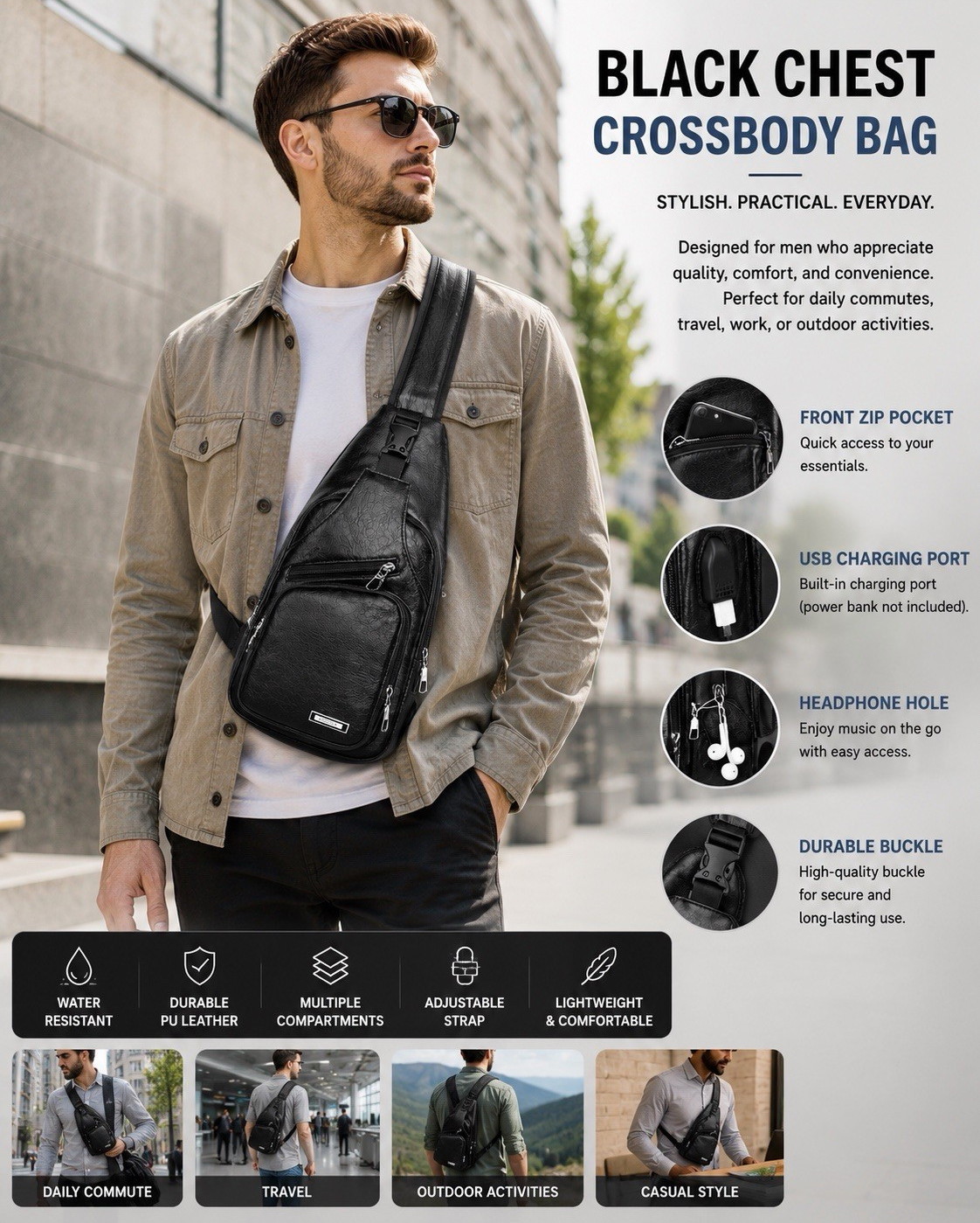 Men’s Black Sling Chest Crossbody Bag, USB Port, Water Resistant