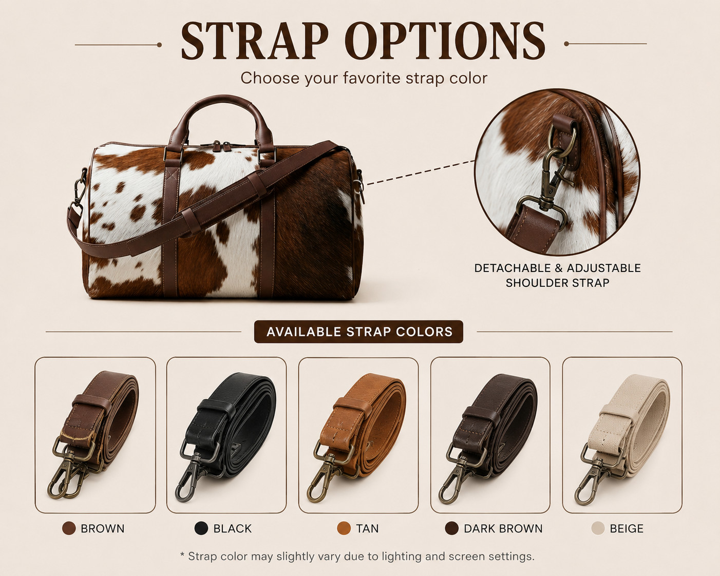 Hair On Cow Hide Duffle Bag, Handmade Leather Weekender Black & White Gym Bag
