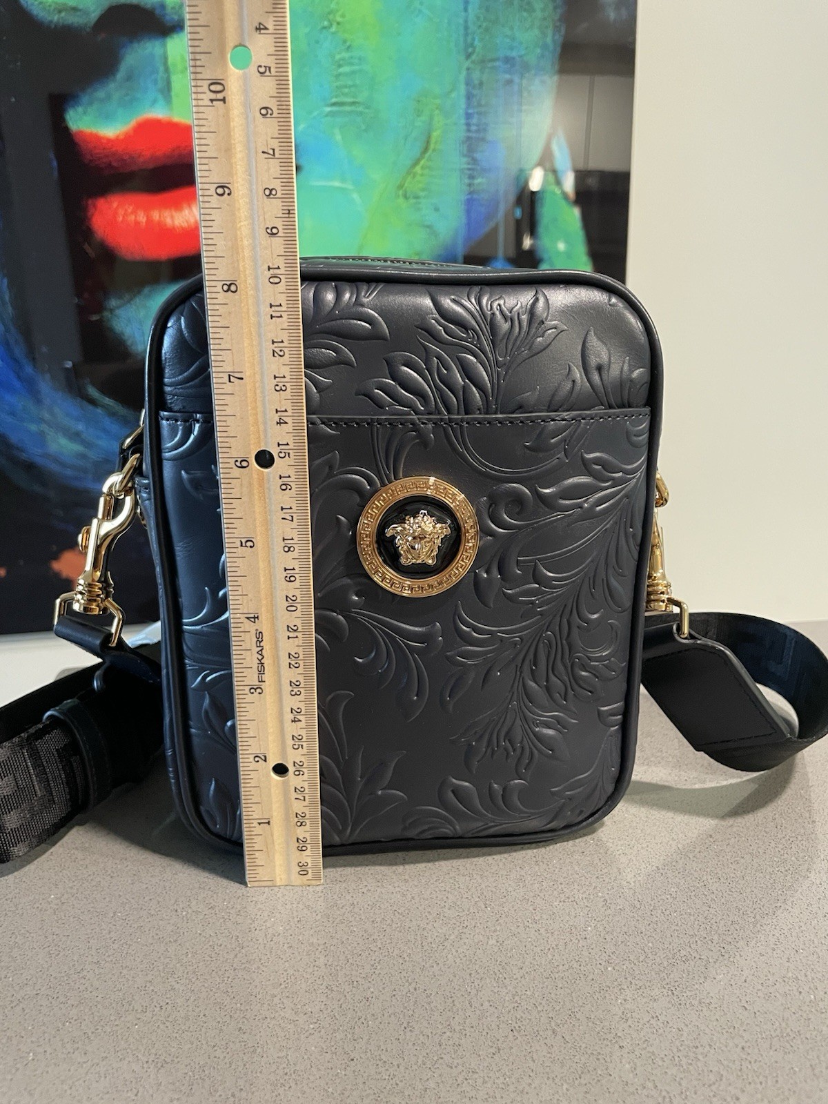 Versace Messenger Embrossing Calf Leather Barocc Navy Blue-gold $ 1500 Authentic