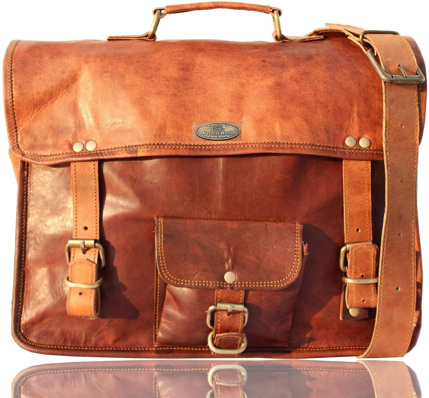 18″ Men’s Camel Handmade Leather Vintage Messenger Shoulder Laptop Bag Briefcase
