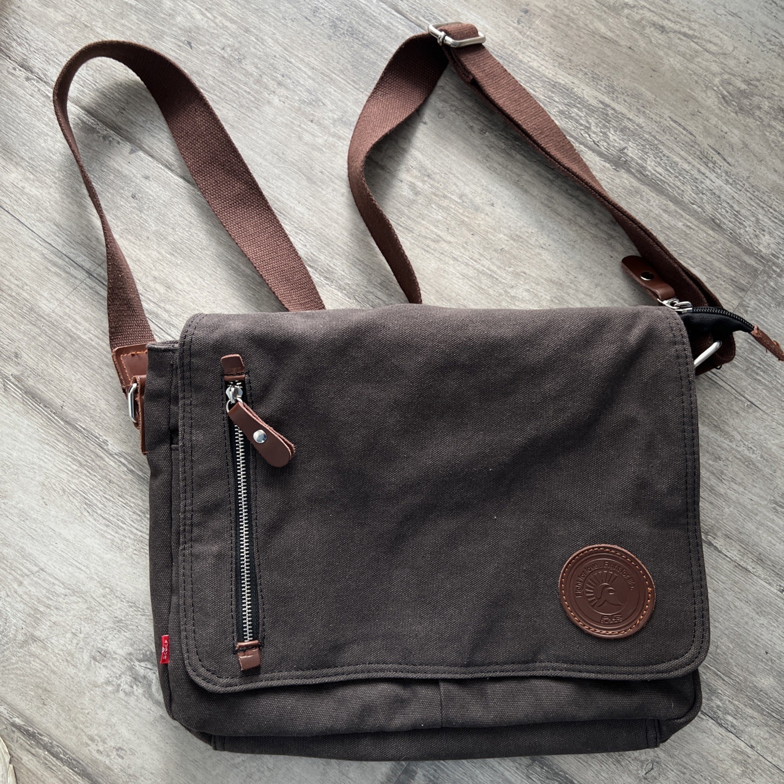 Augur Strauss & Co Messenger Bag Gray Canvas Brown Leather Trim Utility Pockets