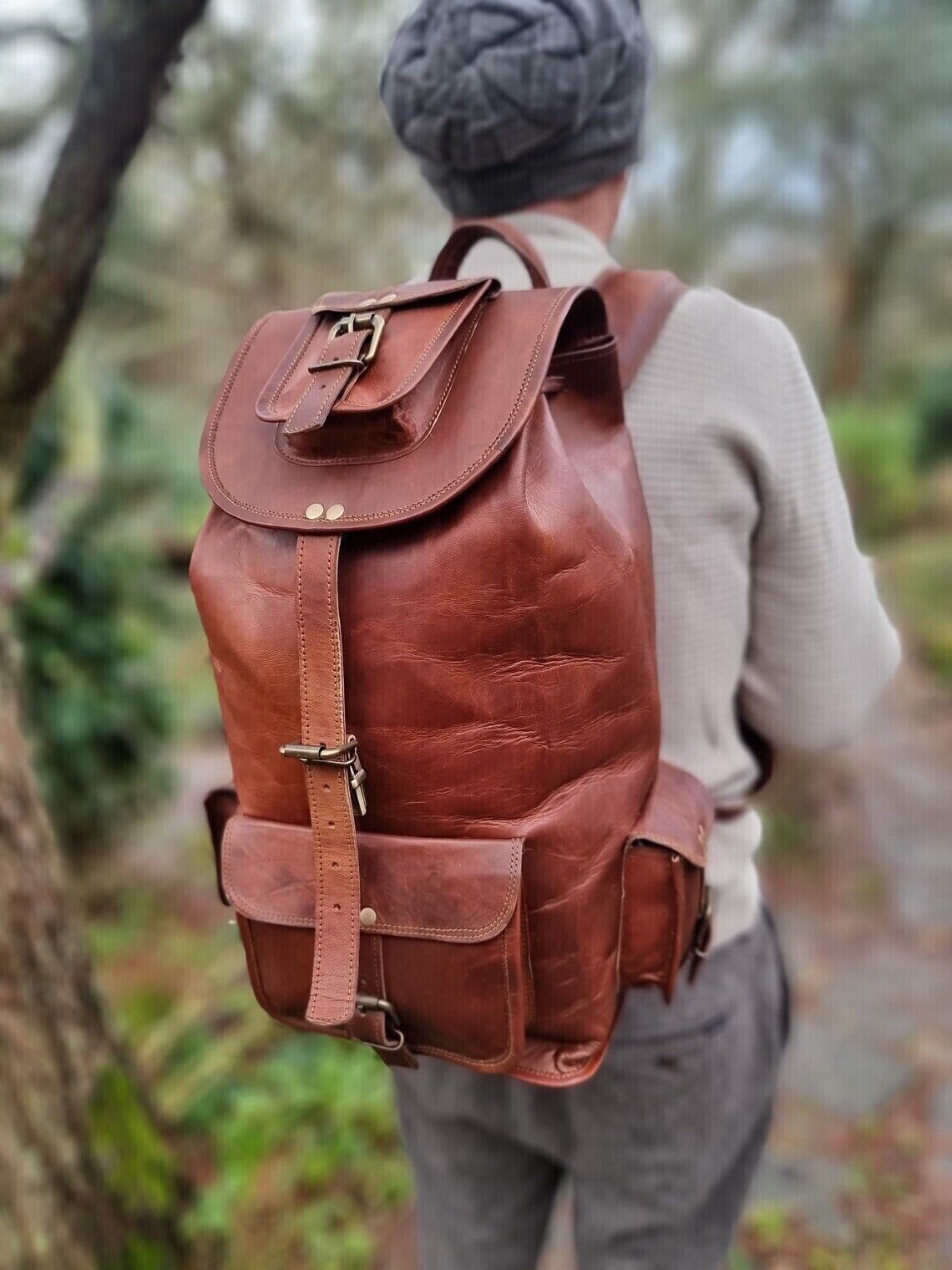 Real Leather Men’s Backpack Bag Laptop Satchel Briefcase Brown Vintage Bag