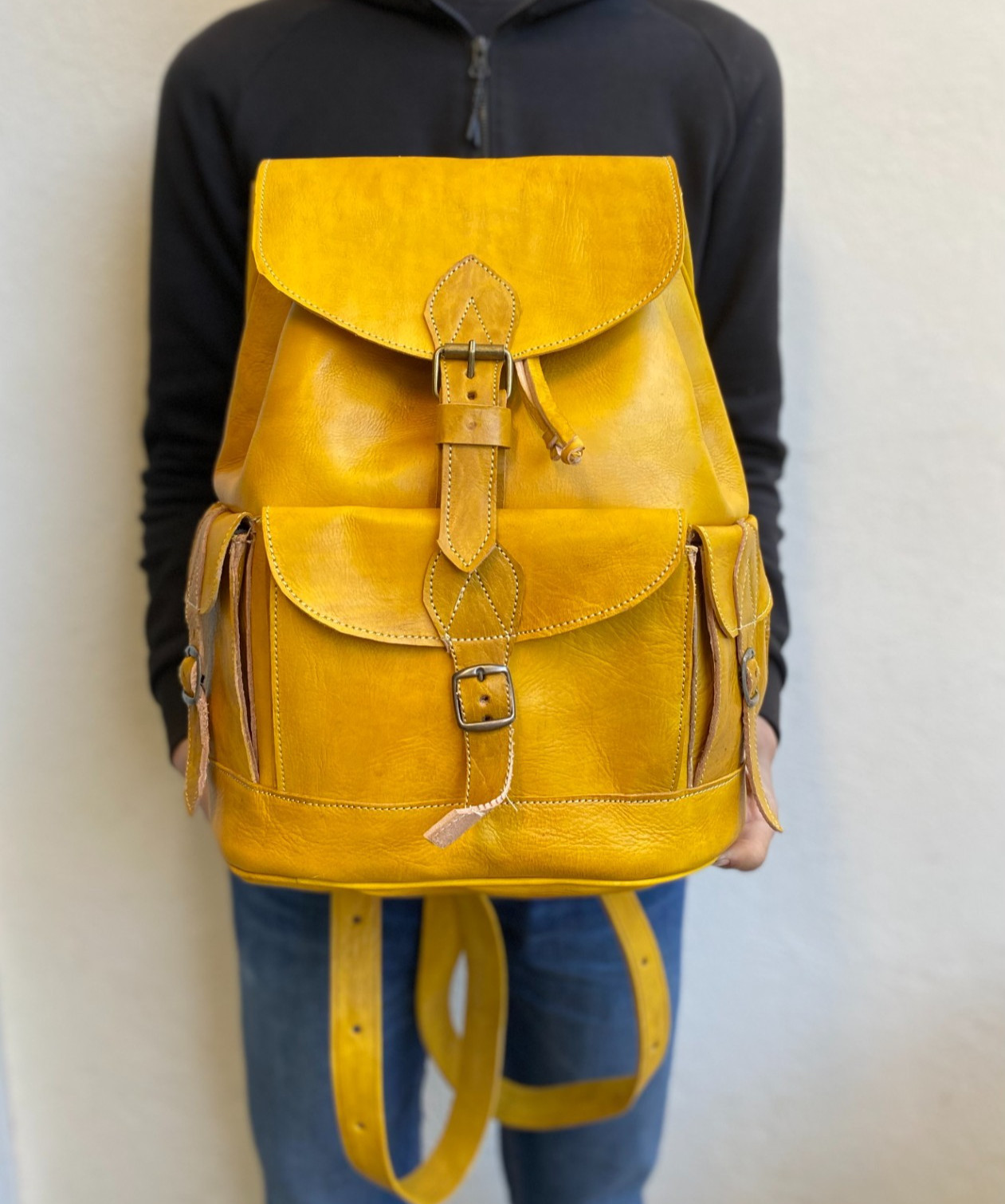 Yellow Leather Backpack Handmade Morocco Belt Buckle Front Back Pocket