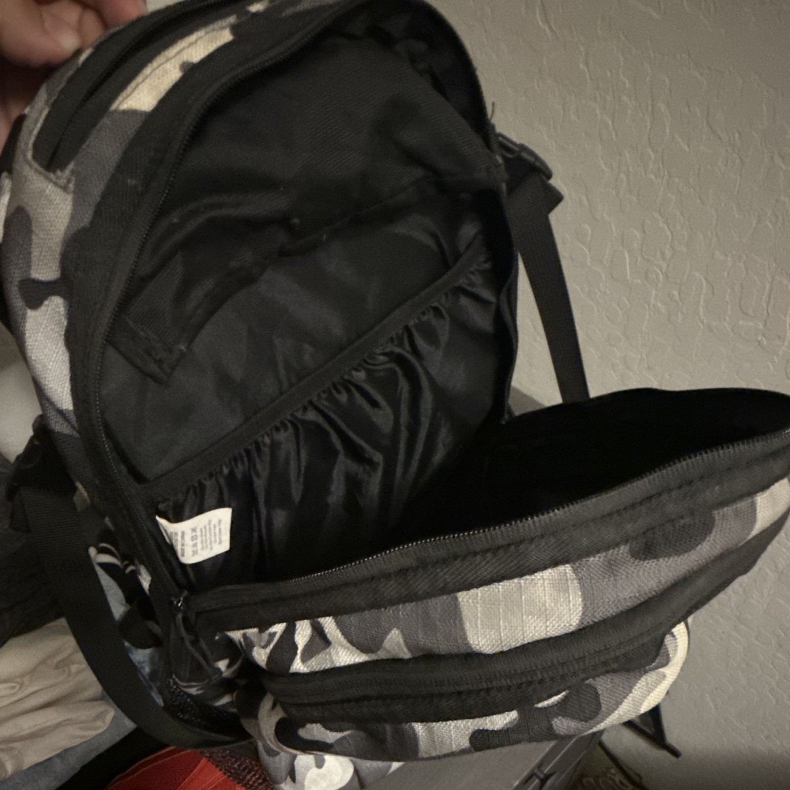 FTP Gray/Black/White Camo Backpack Zip Closure Adjustable Straps Pockets