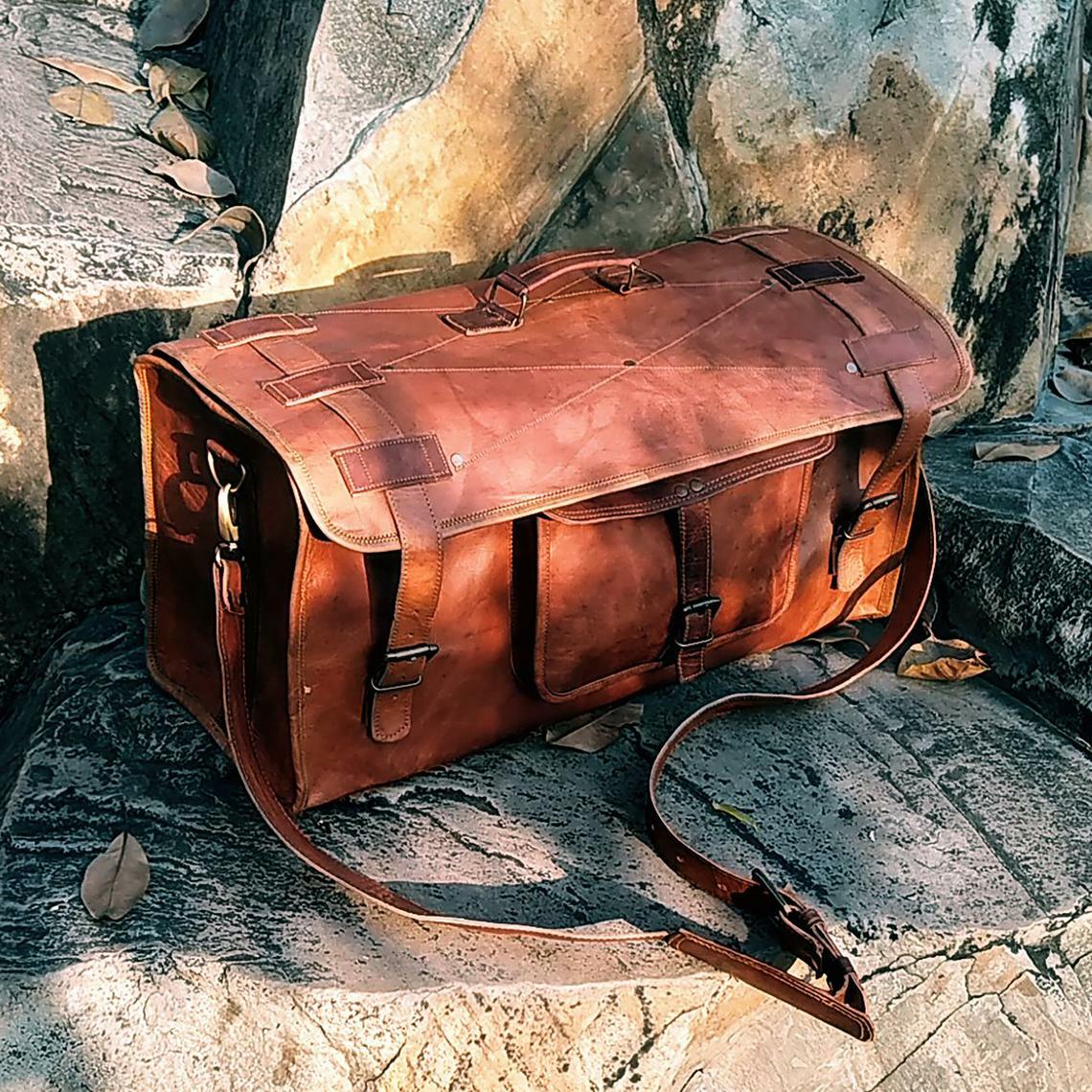 Men Handmade Vintage Brown Leather Luggage Weekender Overnight Travel Duffel Bag
