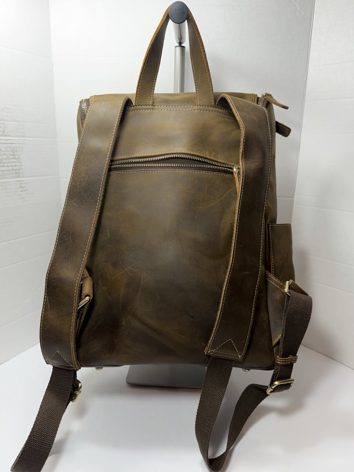 BOSTANTEN Brown Backpack Zip & Snap Closure Men Adjustable Strap Outer Pockets
