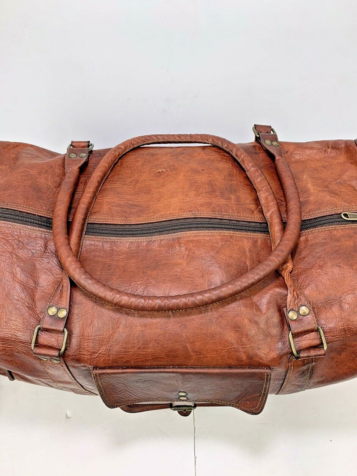 Condor British Brown Leather 2 Side Compartments & Zipper Duffel, Gym Bag VTG