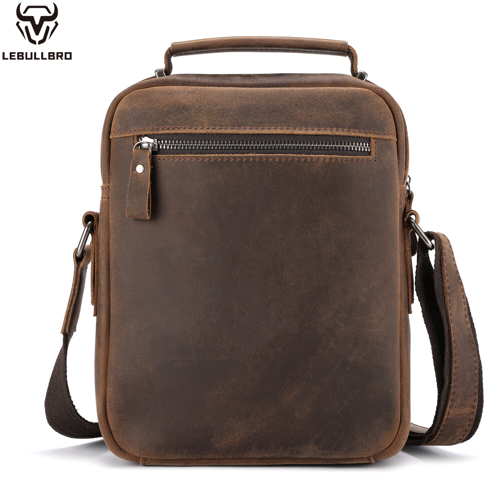 Men’s Genuine Crazy Horse Leather Crossbody Bag Casual Multi-Pocket Shoulder Bag