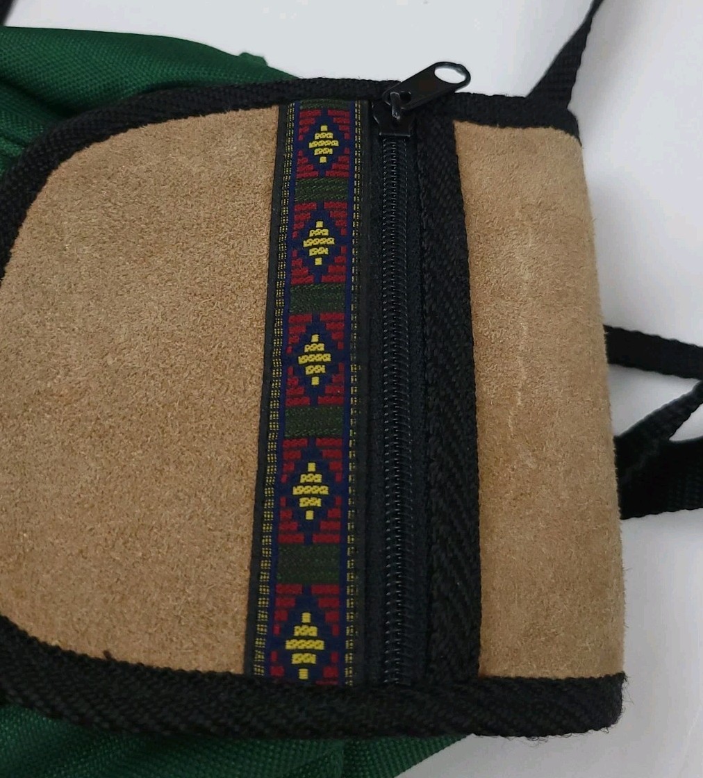 Vintage Mini Backpack Green Suede Multicolor Tribal Aztec Travel Multi Pocket