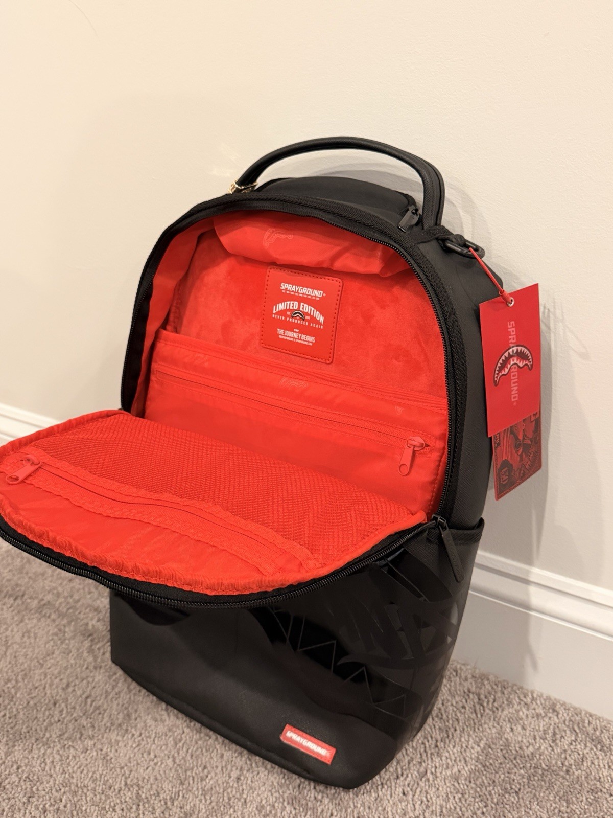 Sprayground Limited Edition Black Shark Mouth Backpack Red Lined Padded