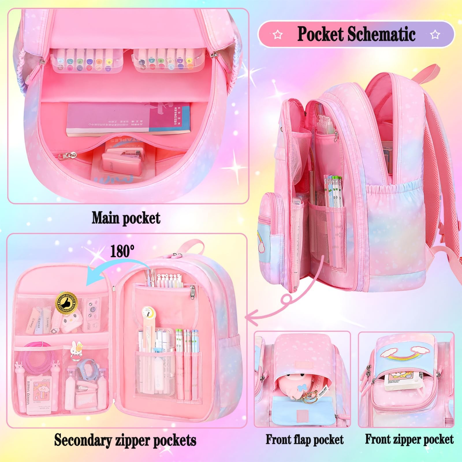 Girls Rainbow School Backpack for Elementary,Kawaii Bookbag 17.5in