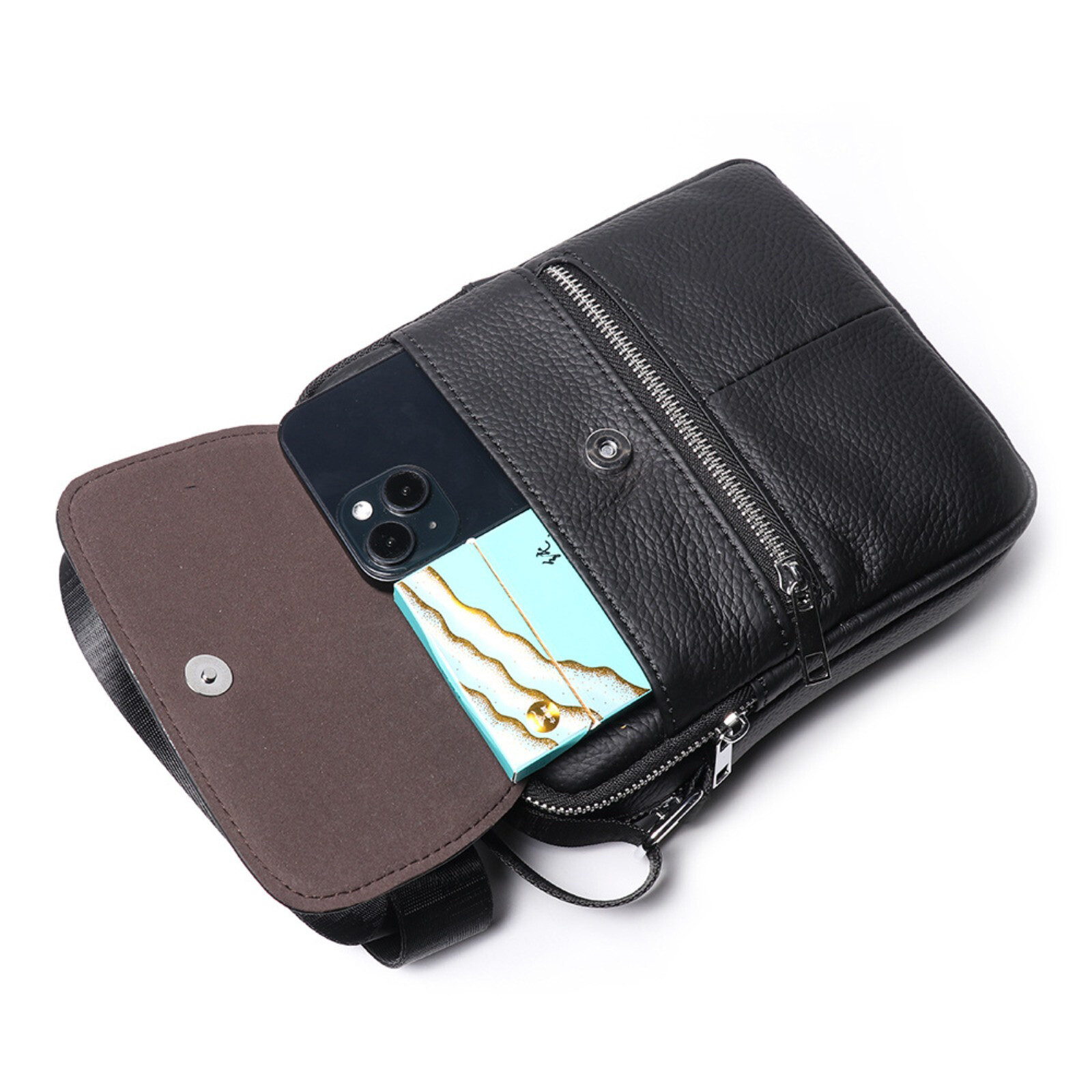 Men’s Leather Shoulder Bag Small Crossbody Multi-Pocket Travel Bag Black