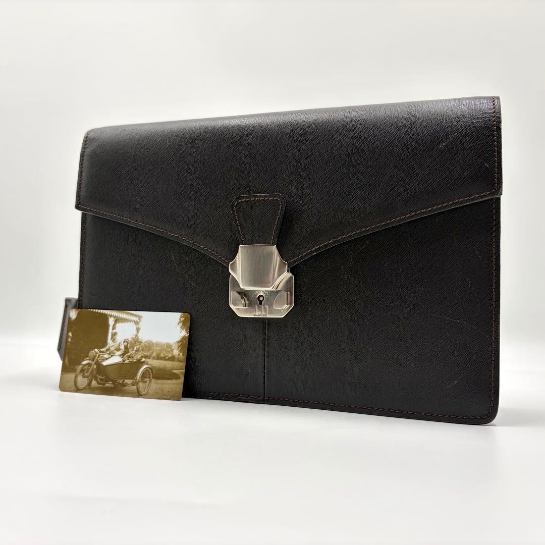 Dunhill Clutch Bag Second Bag Black Cowhide Leather Lock & Key Flap Men’s