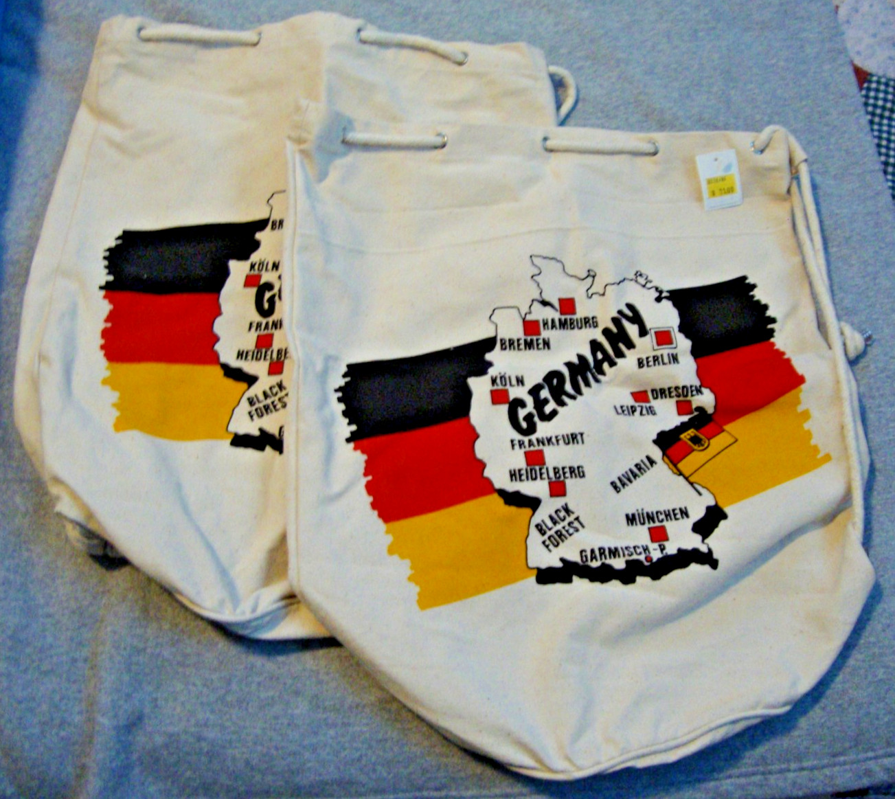 Khaki Canvas Drawstring 2 Backpacks Germany Vintage Souvenir Tourist Travel NEW