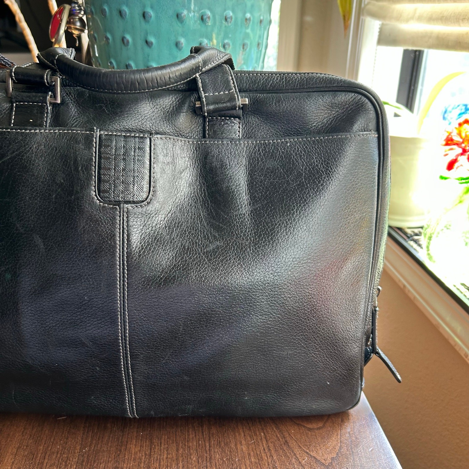 Boconi Tyler Tumbled Zipster Black Leather Messenger Bag Briefcase