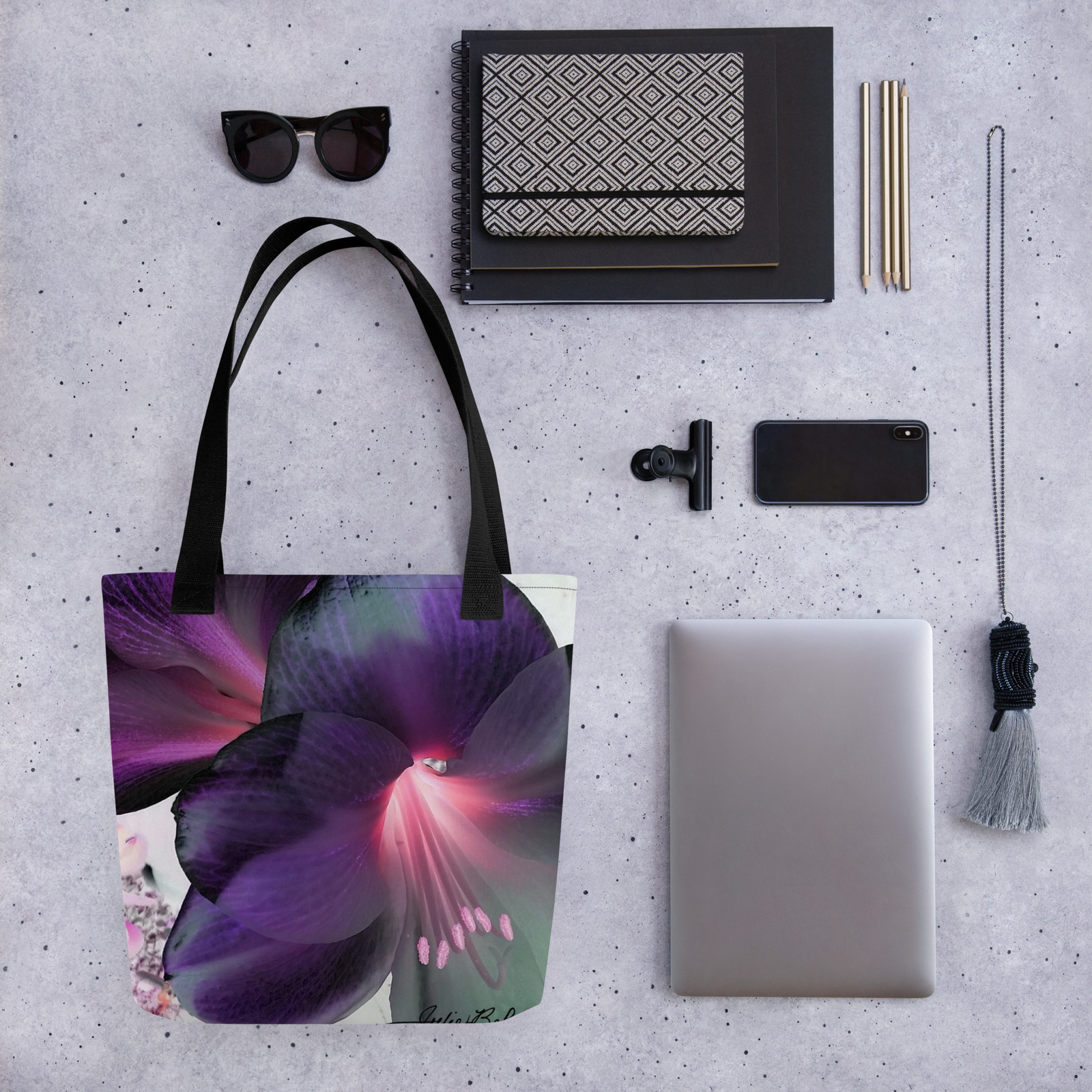 Dark Blooms Spring Tote bag from original digital design by Julie Belmont