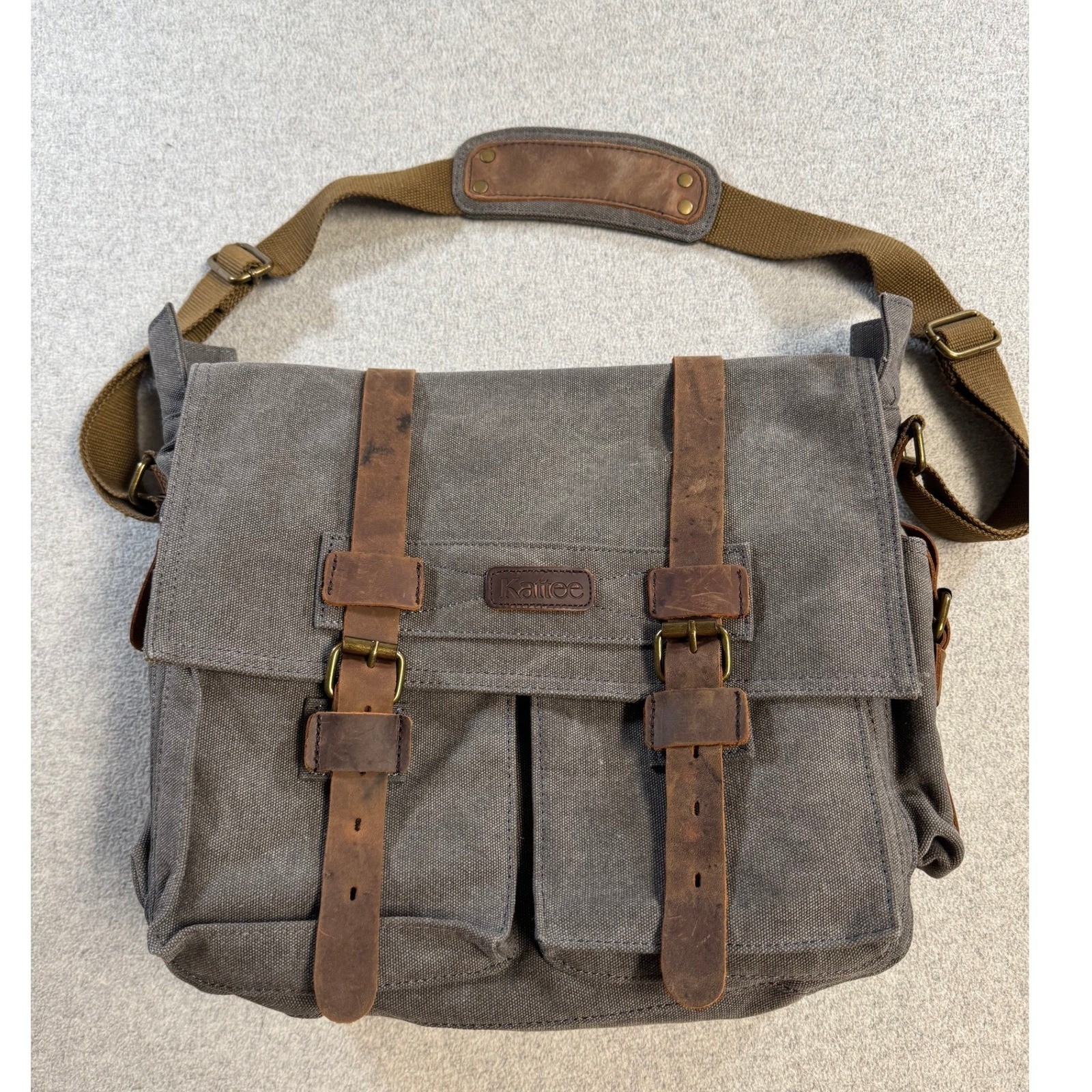 Kattee Canvas Leather Messenger Bag Laptop Briefcase Satchel Brown Gray Work