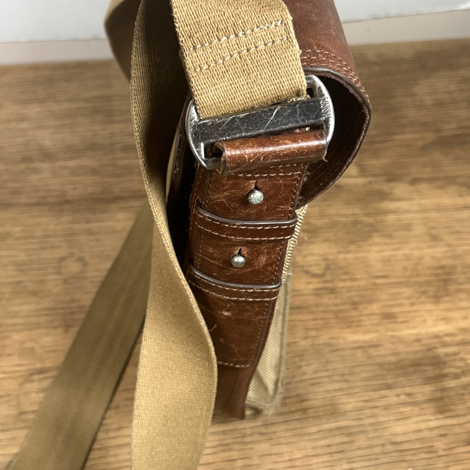 Fossil Messenger Bag Men’s Green Brown Nylon Leather Case Carry Distressed