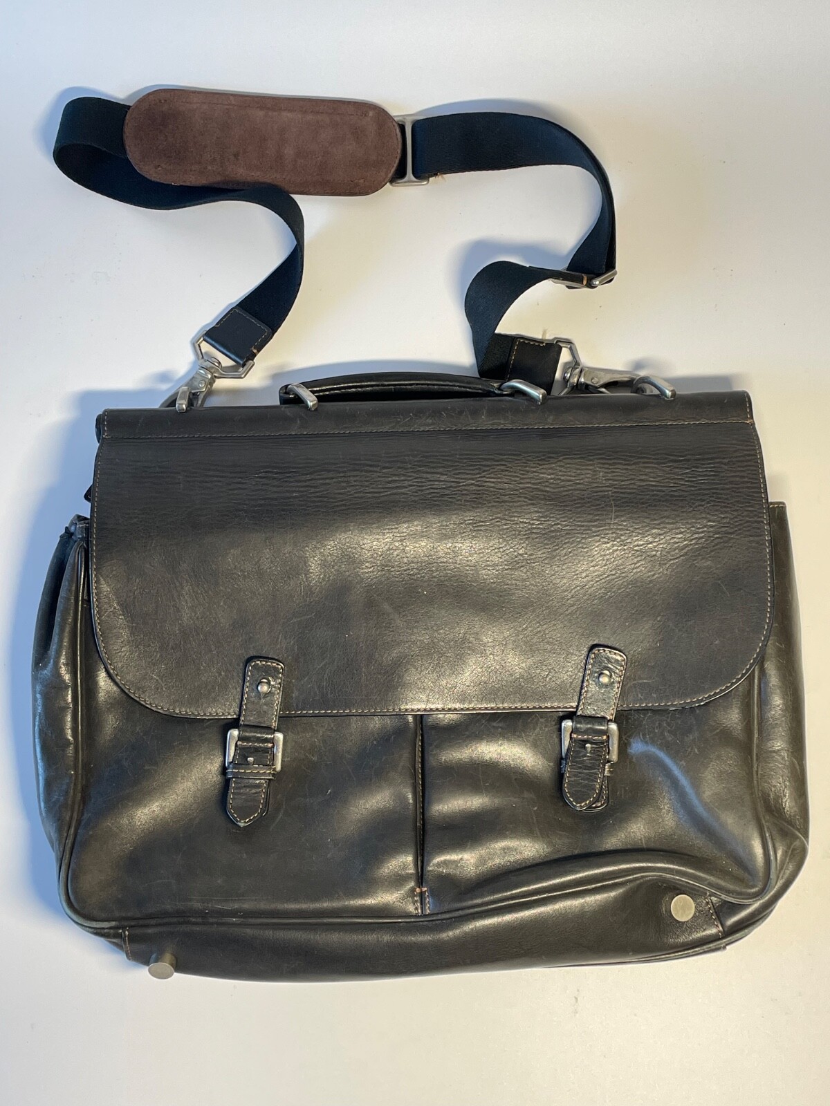 Vintage Trafalgar #262 Heavy Black Leather Briefcase, Dual Latch Shoulder Strap