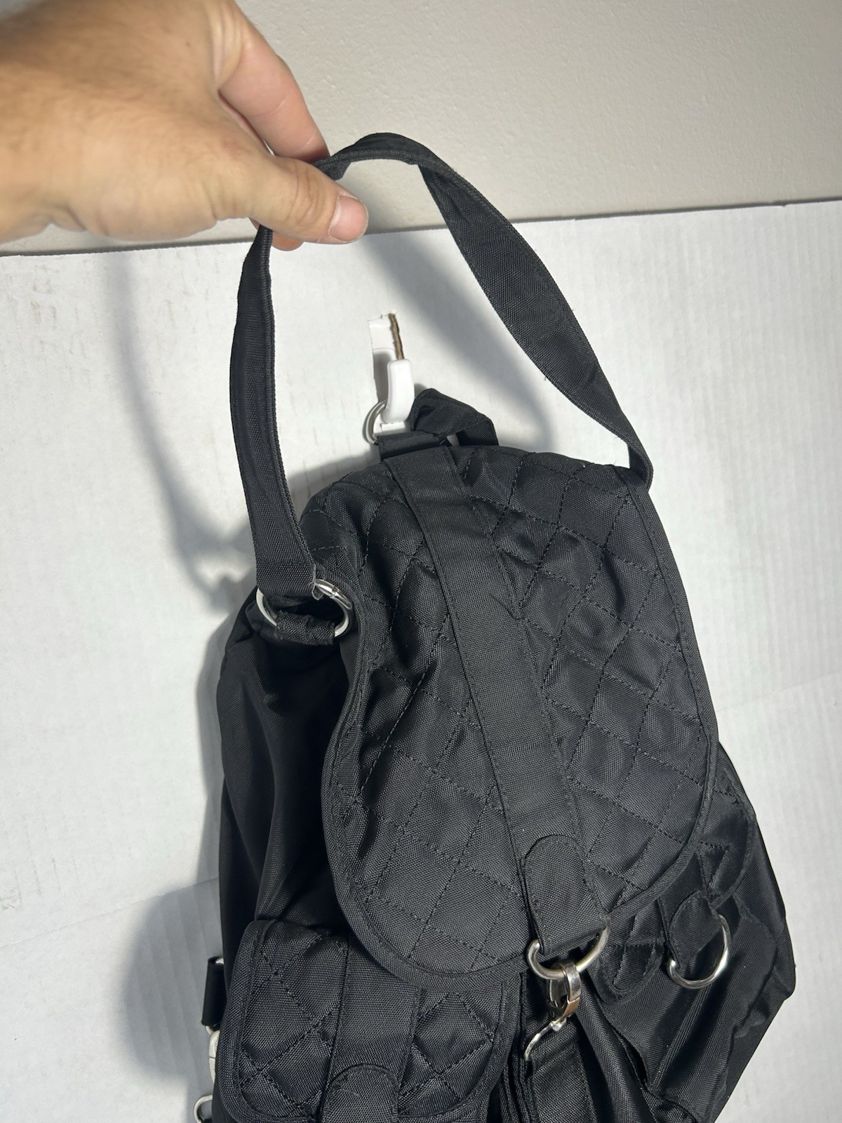 Black Men’s Backpack Drawstring Closure Quilted Flap Pockets Adjustable Strap