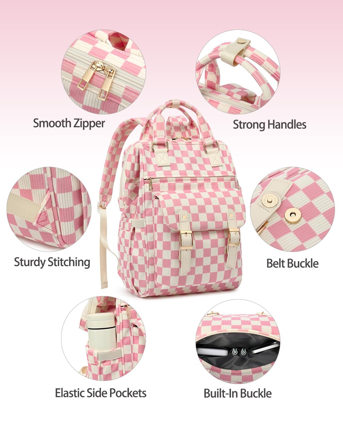 Corduroy Laptop Backpack High School Bookbag 15.6 Inch Checkered Pink