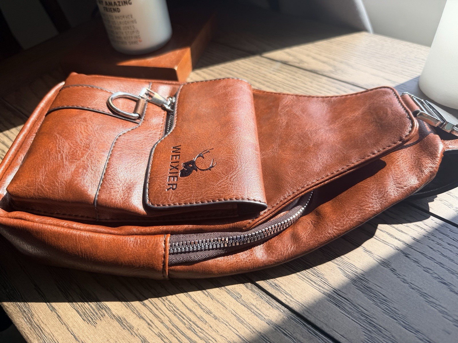 WEIXIER Men’s Brown Crossbody Sling Chest Bag, Adjustable Strap, Outer Pockets