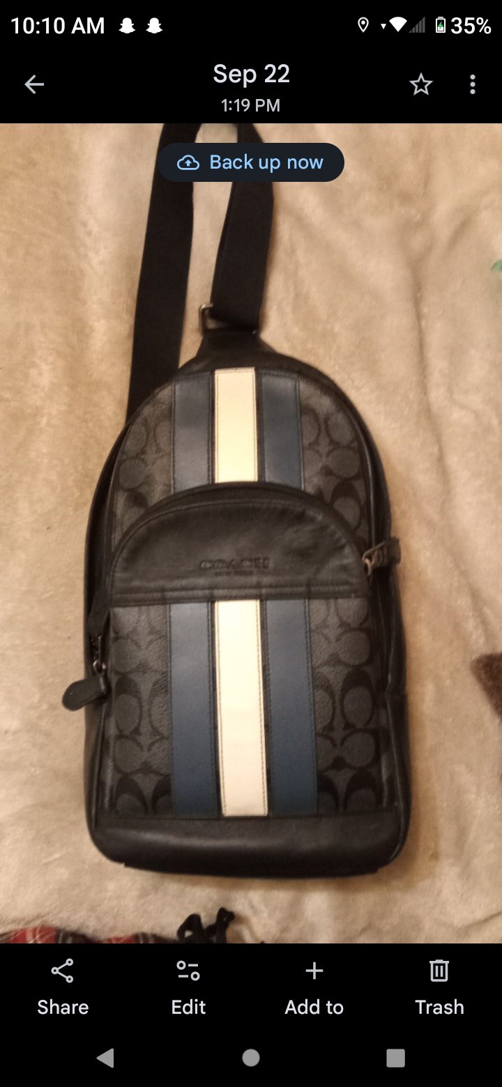 It’s A Men’s COACH Cross Bag Black With White,Blue trim Black Leather