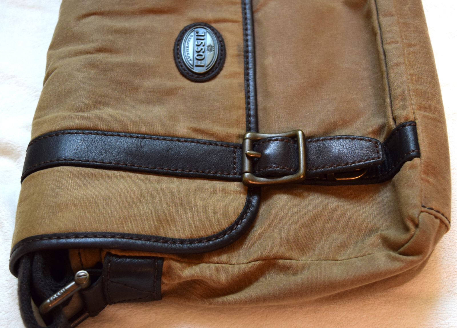 FOSSIL Canvas Messenger Laptop Leather Trim Crossbody Shoulder Bag 12″x9″x2″