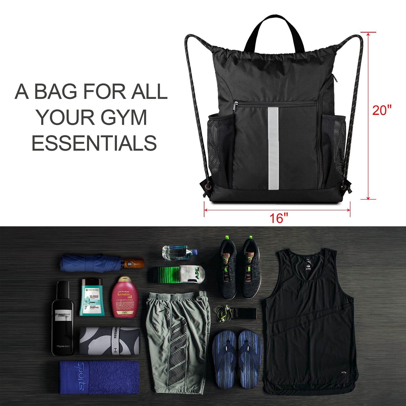 Drawstring Backpack Sports Gym Bag with Shoe Compartment and Two Water Bottle Ho