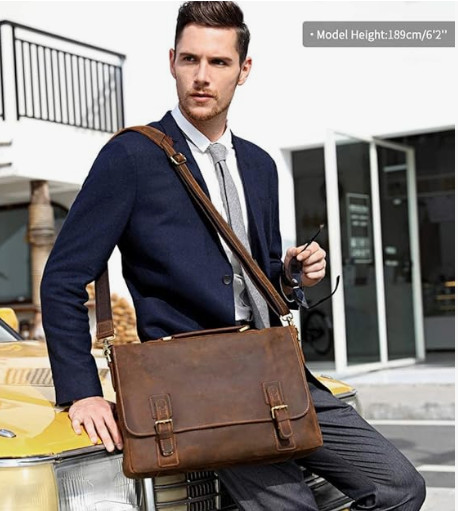 Kattee Men’s Leather Satchel Briefcase. Crazy Horse Full Grain – Fits 15” Laptop